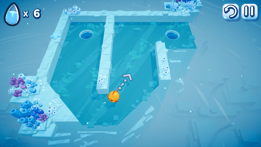 Golfish gameplay: aiming a shot across an icy course