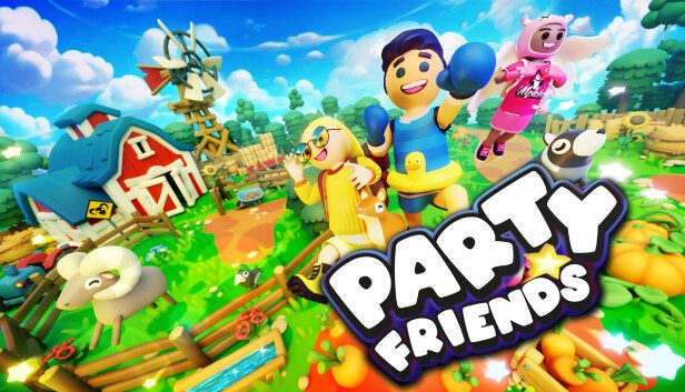 Party Friends key art with four characters on a colorful farm