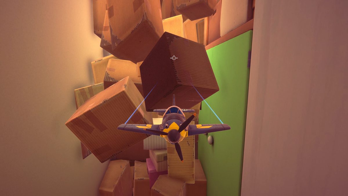 A toy airplane doing an Indiana Jones style escape from a wall of cardboard boxes