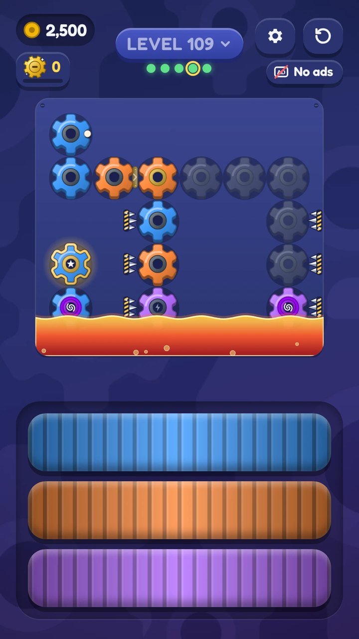 Cog and Balls: level 109 with three wheels, spikes, lava, a gate, a switch and portals