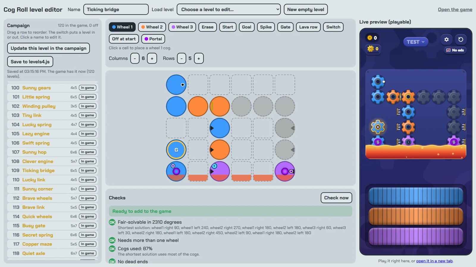 Cog and Balls level editor with level 109 open and a live preview